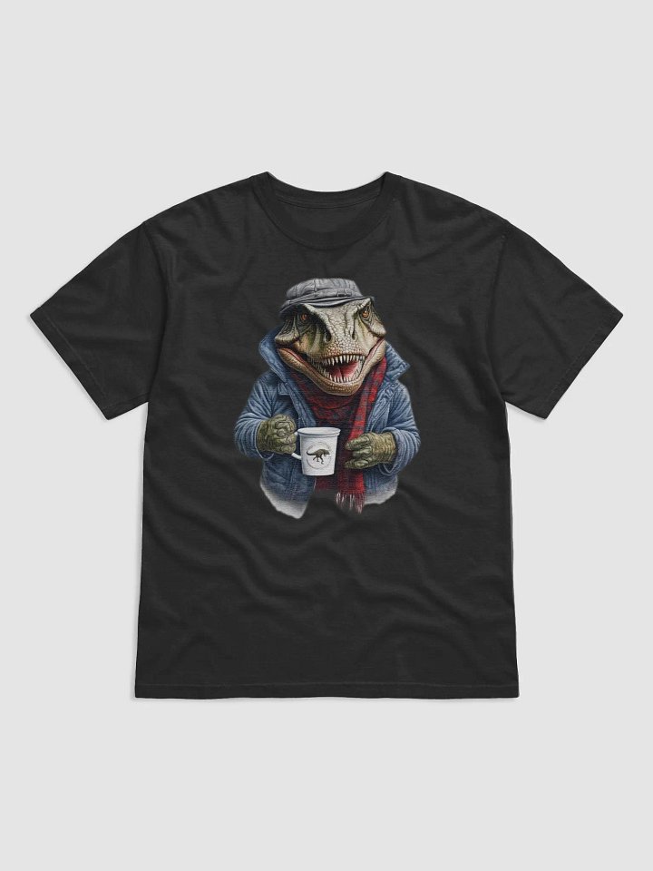 T-Rex wearing a jackets holding a cup of coffee product image (5)
