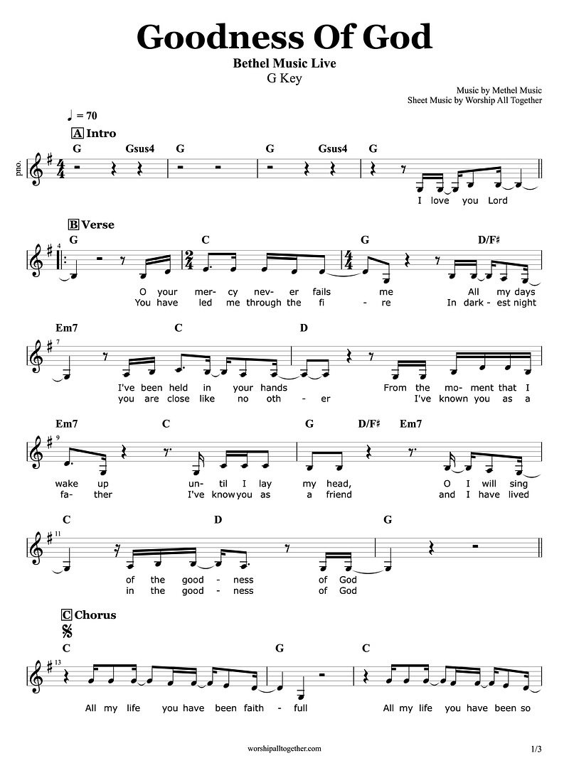 Goodness Of God (G Key) - Bethel Music | Sheet Music, Chord, Lyrics
