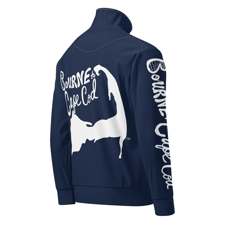 All-Over Print Recycled Track Jacket | Coastal Chill Meets Street Thrill | BOURNE to Cape Cod™ + BRN.2C.C.™ | White Logos on Navy Blue product image (2)