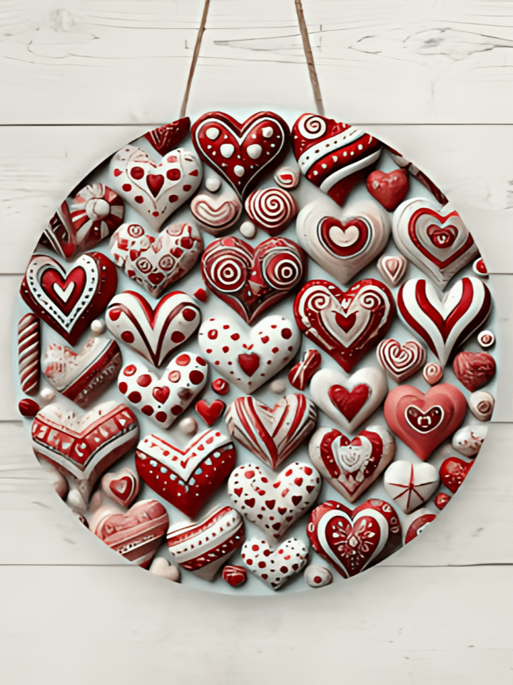 Red & White Patterned Valentine Hearts Round Door Hanger Sublimation Design – high-quality 300 DPI PNG digital download product image (1)
