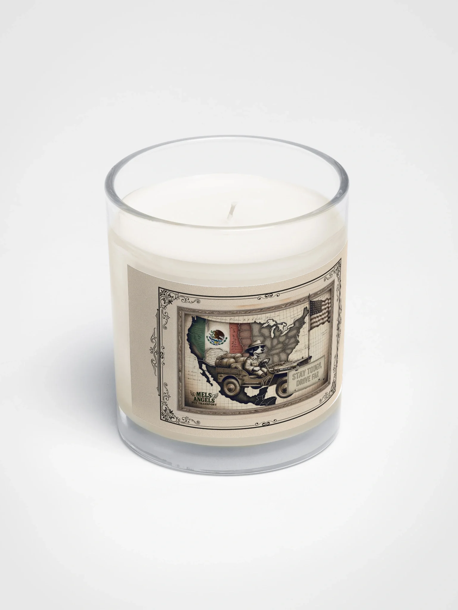 Mels Angels "Stay Tough, Drive Far" Soy Wax Candle – Vintage Map & Dog Design product image (5)