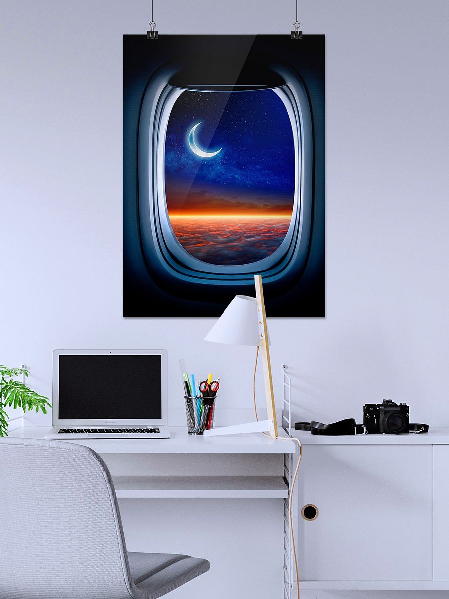 Airplane porthole/window and Moon — Photo paper glossy poster. Space poster, space print, travel gift product image (2)