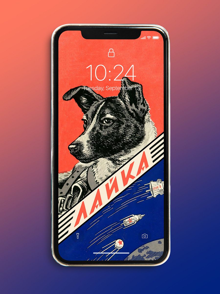 Phone Wallpaper: Laika, first space dog, USSR / Soviet vintage space poster — Instant digital download, mobile wallpaper, Laika wallpaper product image (3)