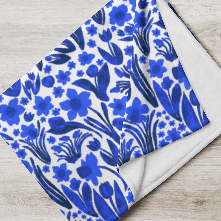 Spring Garden in Royal Blue on White – Elegant Floral Throw Blanket product image (2)