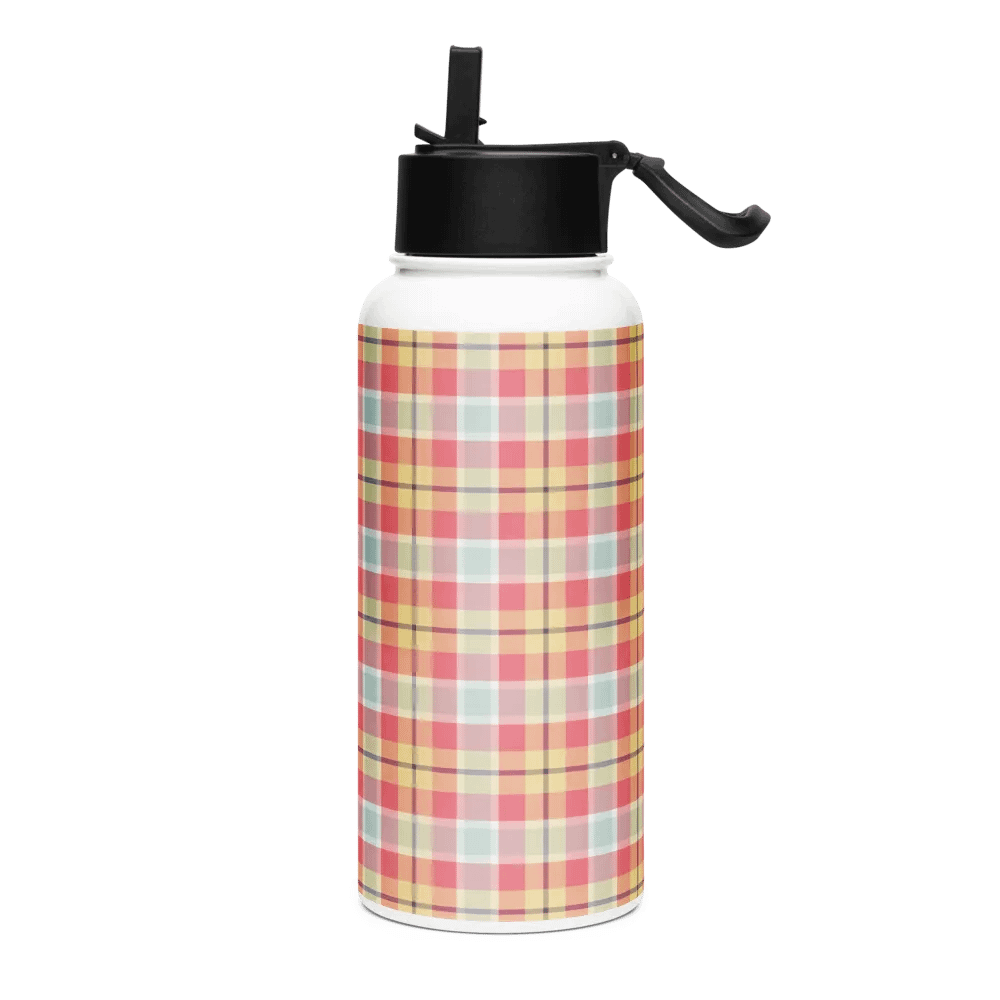 Coral Pink, Yellow, and Mint Plaid Water Bottle product image (2)