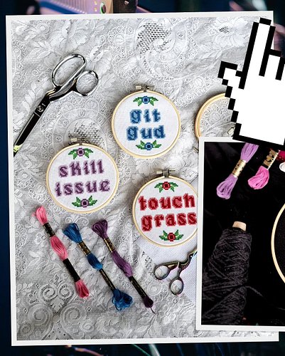 The Chronically Online collection 💾 Did you know that cross stitching while outside counts as touching grass? Now you do. 

T...