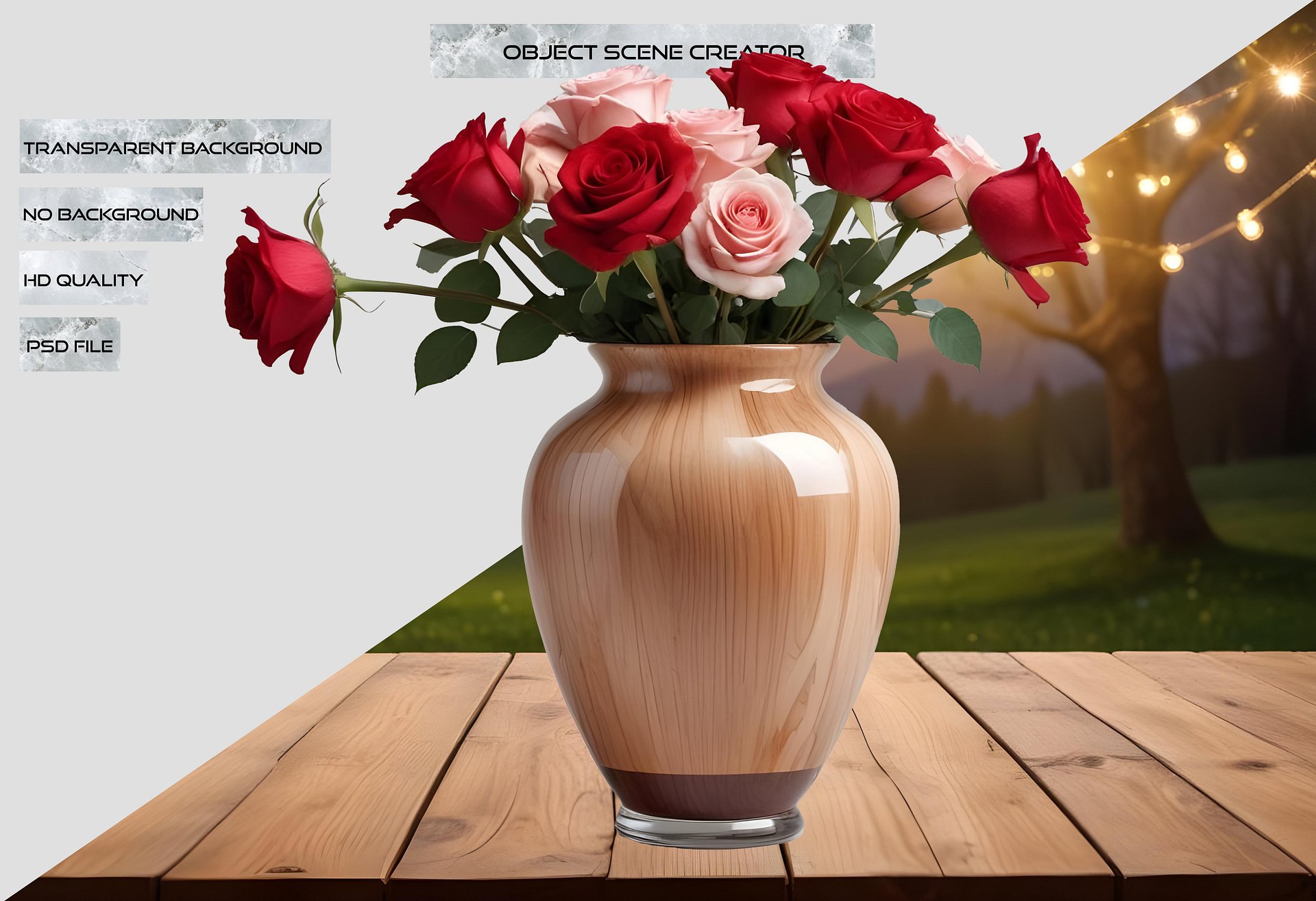 Polished Wood-Effect Vase with Red and Pink Roses PNG product image (2)