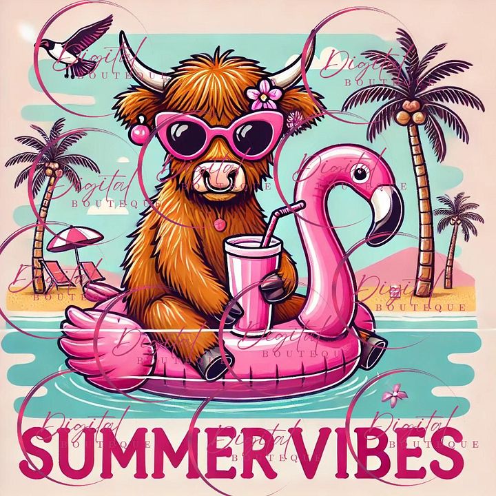 Cute Highland Cow on Flamingo Float Summer Clipart product image (2)