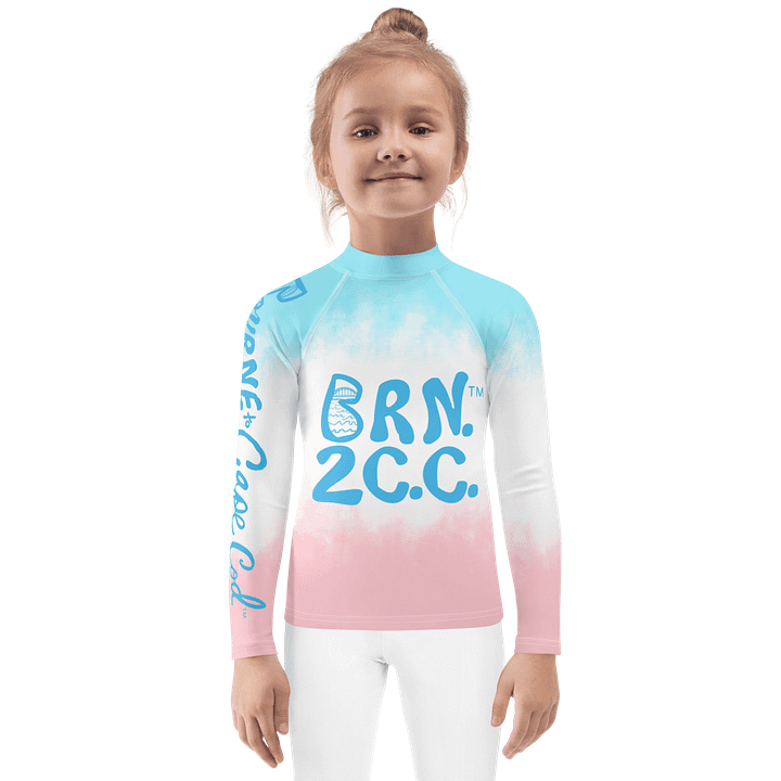 Girls' | Little KIDS | Rash Guard | BRN.2C.C.™ Front Print | BOURNE to Cape Cod™ Back & Sleeve Logo | Coastal UV Shirt for Active Kids | Slim Fit Swim Top | Blue Logo on Patriotic Pastels product image (1)