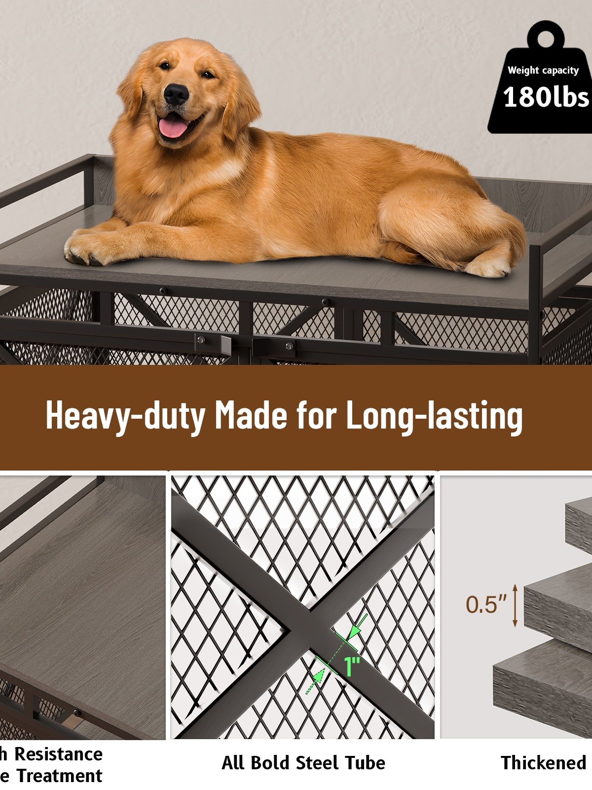 48 inch Dog Crate Furniture for Large Breeds (Up to 90 lb), Wooden & Steel, 360° Casters, Waterproof Top, Steel Lock,Textured Gray product image (4)