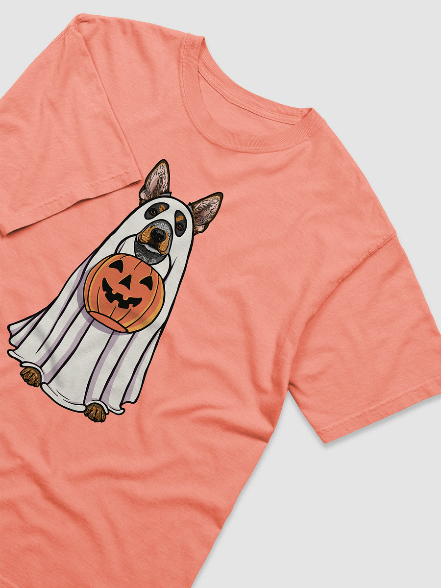 Funny Halloween Australian Cattle Dog(2) T-Shirt | Funny Blue Heeler Wearing a Ghost Costume and Holding a Pumpkin Basket product image (24)