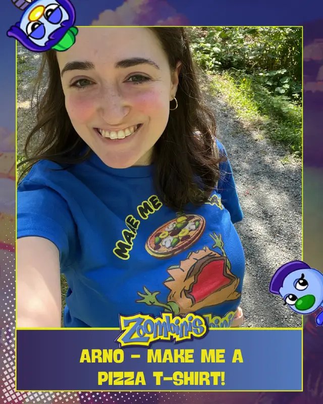 🍕✨ Emma Silberman is rocking the Arno Pizza T-shirt! ✨🍕 From helping children find their voice as a speech pathologist to repping Zoombinis style, Emma shows us how to mix passion with play. This bold and fun tee brings together everyone’s favorite pizza-loving Zoombini and a slice of nostalgia we can all wear proudly. Shop here: https://zoombinis-shop.fourthwall.com/en-cad/gifts/gft_oQwJBChcTGOGRnsQRCfFWw