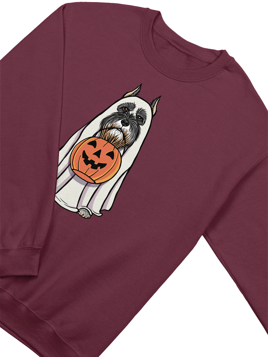 Funny Halloween Schnauzer(Cropped Ears) Sweatshirt | Funny Schnauzer Wearing a Ghost Costume and Holding a Pumpkin Basket product image (13)