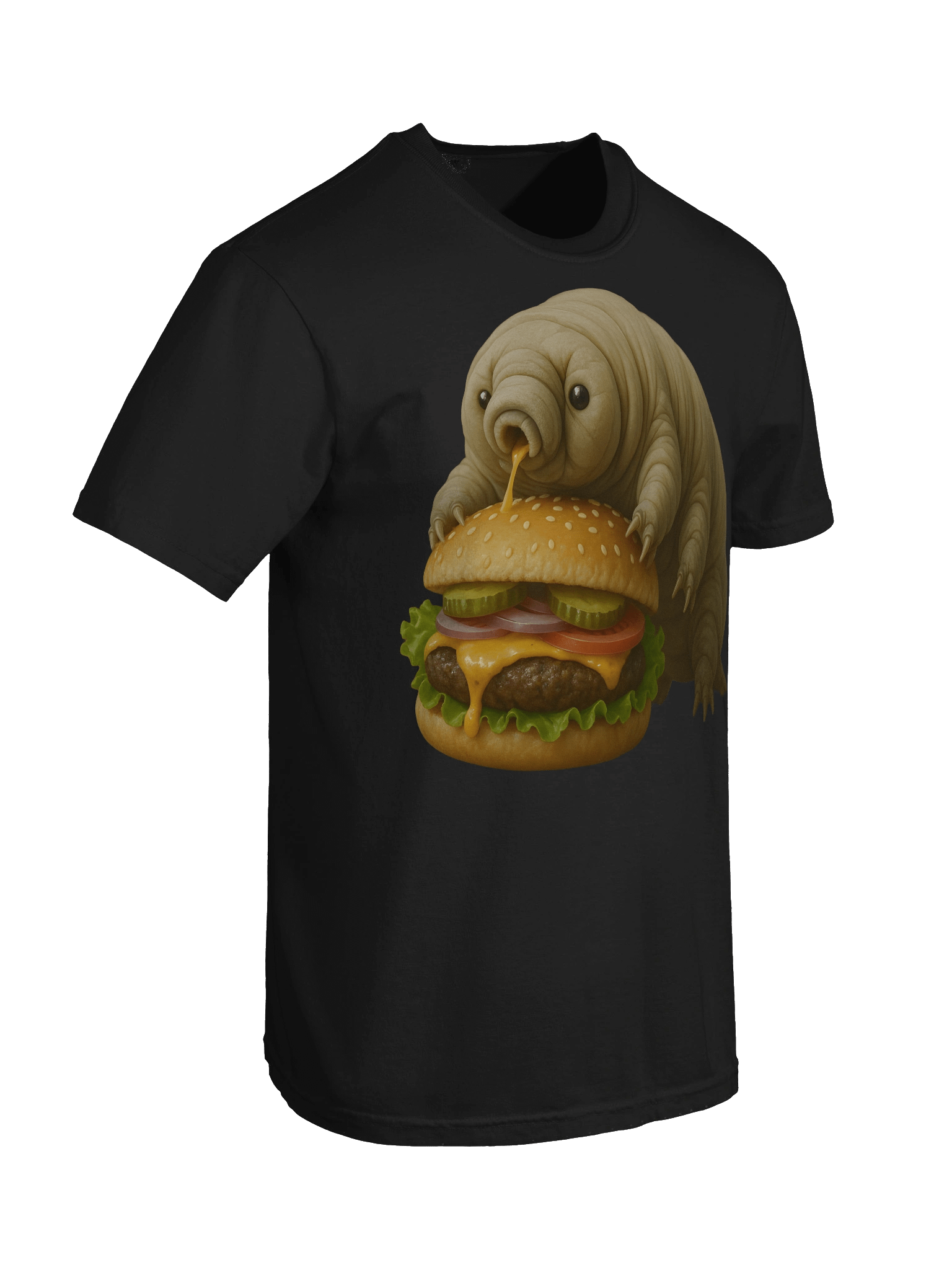 A photoreal tardigrade devours a cheeseburger — bold science-art on a comfy black tee product image (8)