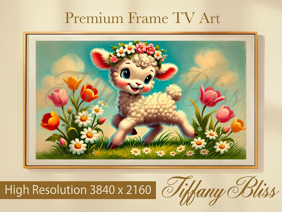 Spring Frame TV Art, Lamb and Flowers Painting, Country, Cute Easter Decor, Digital Download product image (1)