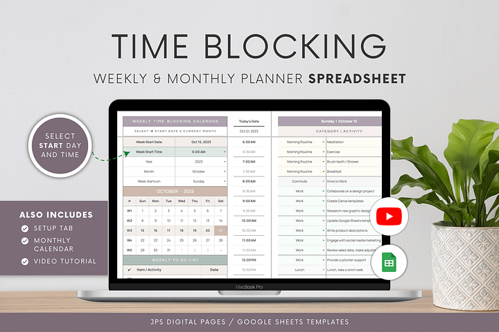 Time Blocking Planner Spreadsheet | Google Sheets Template | 24 Hour Weekly Schedule | Time Blocking Digital Planner | Monthly Task Calendar product image (1)