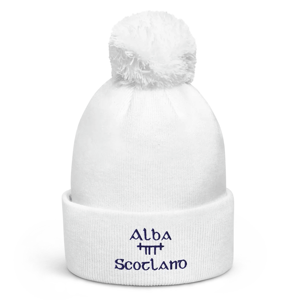 Scotland/Alba Orthodox style Ogham, white with navy, embroidered Pom-Pom Beanie product image (1)