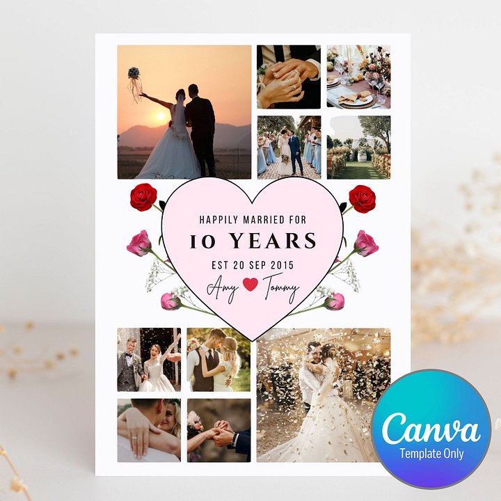 Pink Heart With Roses Anniversary Photo Card Template product image (1)