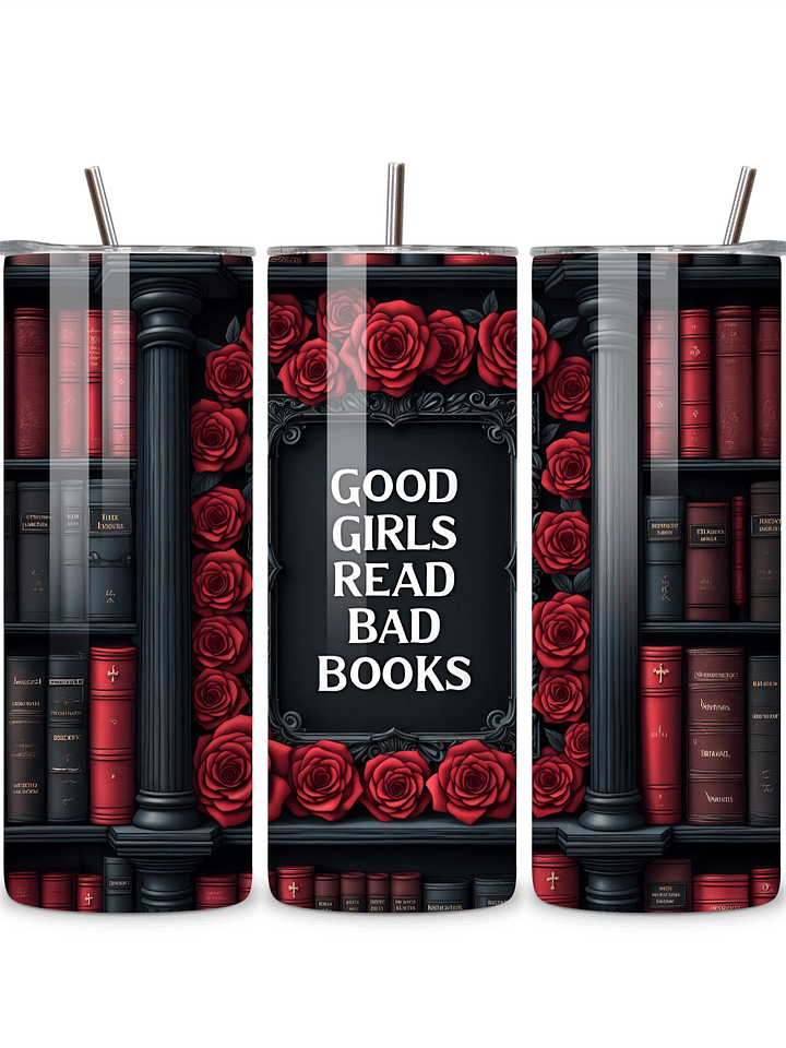 Goth 20oz Skinny Tumbler with Metal Straw – Elegant Red Rose and Library Design – Double-Walled Insulated Stainless Steel Tumbler for Hot & Cold Drinks, Gift for Goth Book Lover product image (1)
