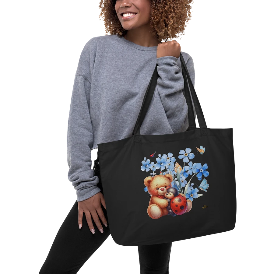 Forget-Me-Not Whispers Teddy Bear Tote Bag (Large) – Organic Cotton Twill, Floral Design with Teddy Bear & Ladybug, Eco-Friendly Bag product image (6)