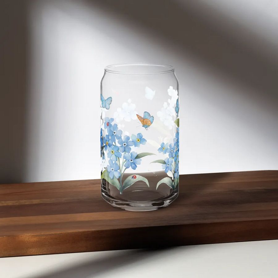 Forget-Me-Not Whispers Glass Can Tumbler | 16oz Eco-Friendly Botanical Drinkware | Blue Blossoms & Butterflies Design product image (5)