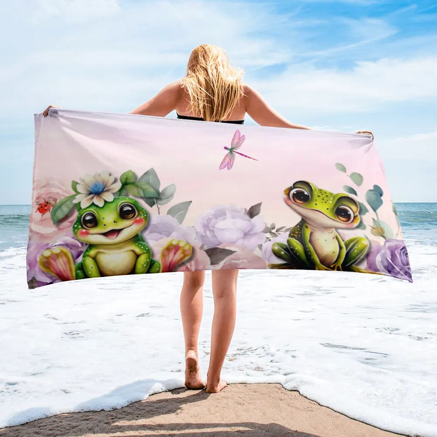 Cute frogs and flowers Bath towel product image (1)