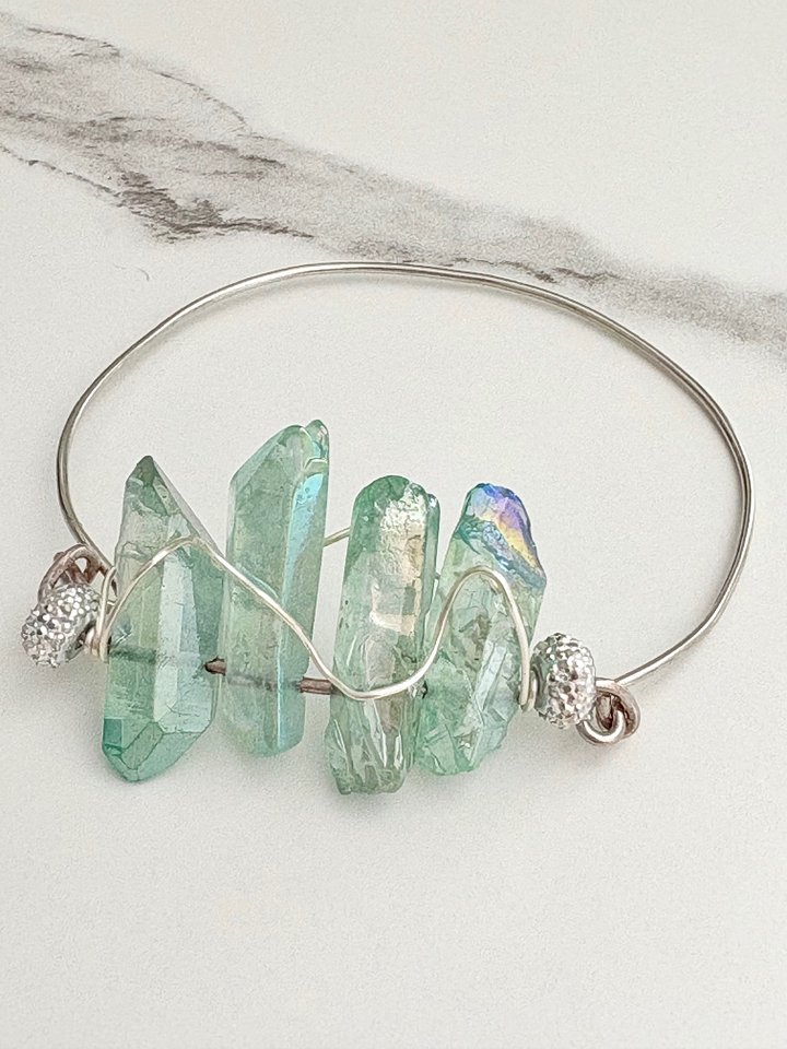 🌊 Mermaid Glow Bangle | Iridescent Seafoam Glass Crystals | Handmade 8" Diameter | Coastal Charm by Monique Faella Designs™ | MFD-00191 product image (1)