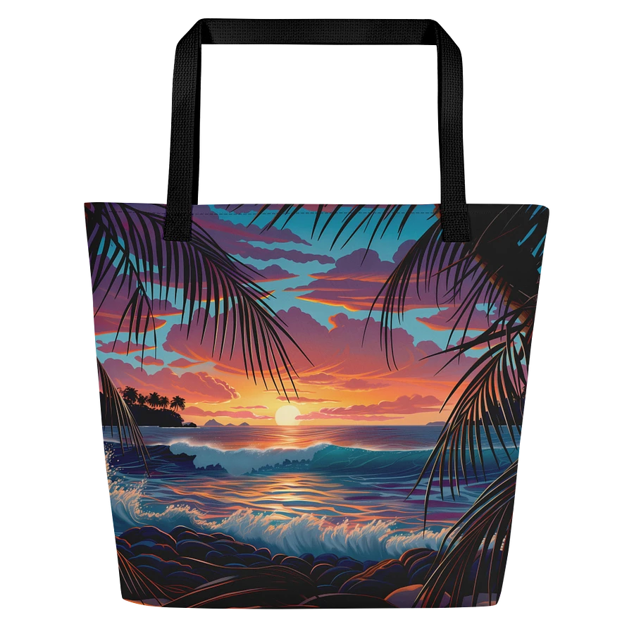 Tote Bag: Tropical Beach Sunset Swaying Palm Tree Leaves Ocean Waves Seascape Design product image (1)