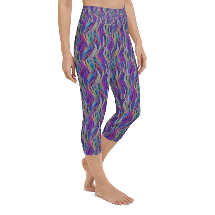Yoga capri  leggingsmodern blue mauve and turquoise  design on black background product image (3)