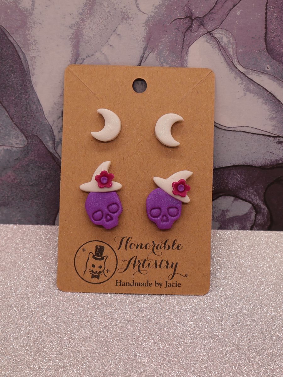 Purple and White Witchy Skull Stud Earrings - Polymer Clay product image (6)