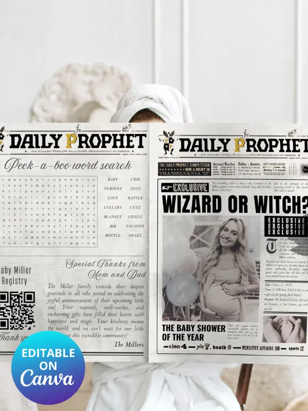Magical Baby Shower Announcement Newspaper Daily Prophet Template I 100% Customizable product image (1)
