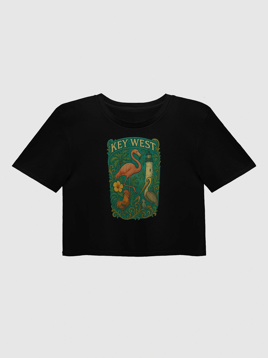 Key West Tropical Ladies Crop Top with Flamingo, Pelican, Rooster, Lighthouse, and Hibiscus product image (1)