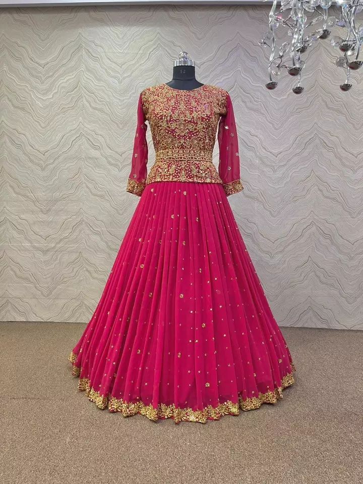 FULLY STITCHED PINK LONG BLOUSE LEHENGA CHOLI DIAMONDS WORK LENGHA TOP BELT product image (5)