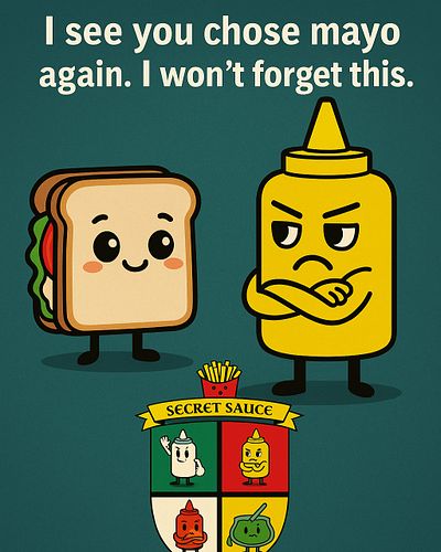 🥪😏 **“I see you chose mayo again… I won’t forget this.”**
Mustard’s giving serious side‑eye while the sandwich stays blissful...