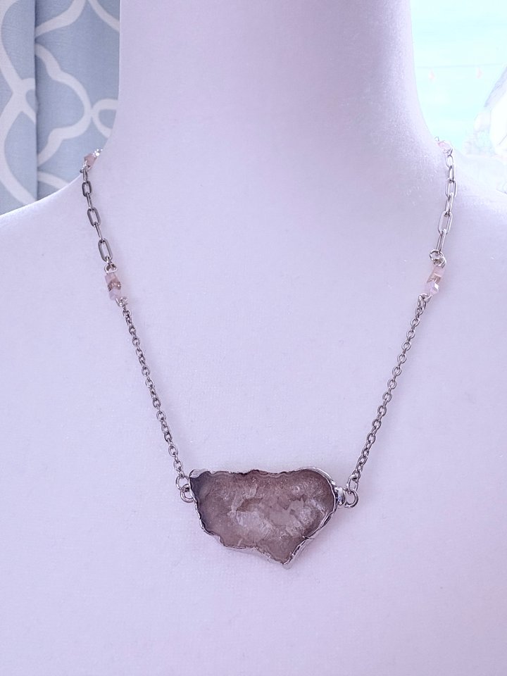 MFD-00266 | Ivory White Geode Druzy Pendant Necklace with Stainless Steel Link Chain and Paperclip Chain | Handmade Jewelry by Monique Faella Designs™ product image (1)