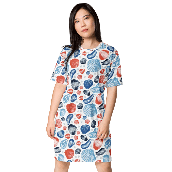 Women's | New England Tidal Treasures | T-Shirt Dress | Seashell Print, Oversized & Comfy | Red & Blue on White product image (1)