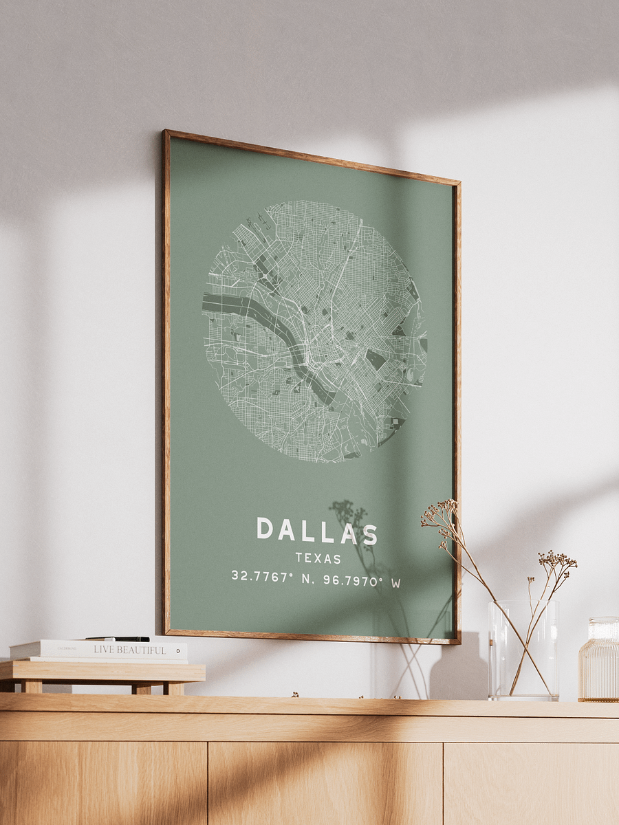 Dallas Street Map Poster – Sage Green Minimalist Circular City Art product image (2)