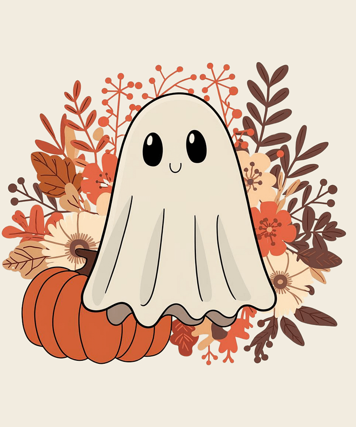 Adorable Ghost & Pumpkin Fall Floral Printable – Cute Halloween Digital Art