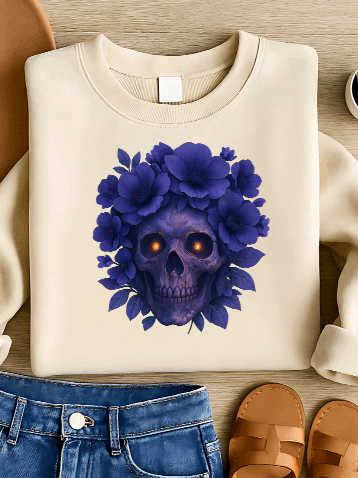 Twilight Flower Skull Sublimation PNG – Gothic Floral Skull T-Shirt Design – Dark Mystical Halloween Theme – 300 DPI Instant Digital Download product image (1)