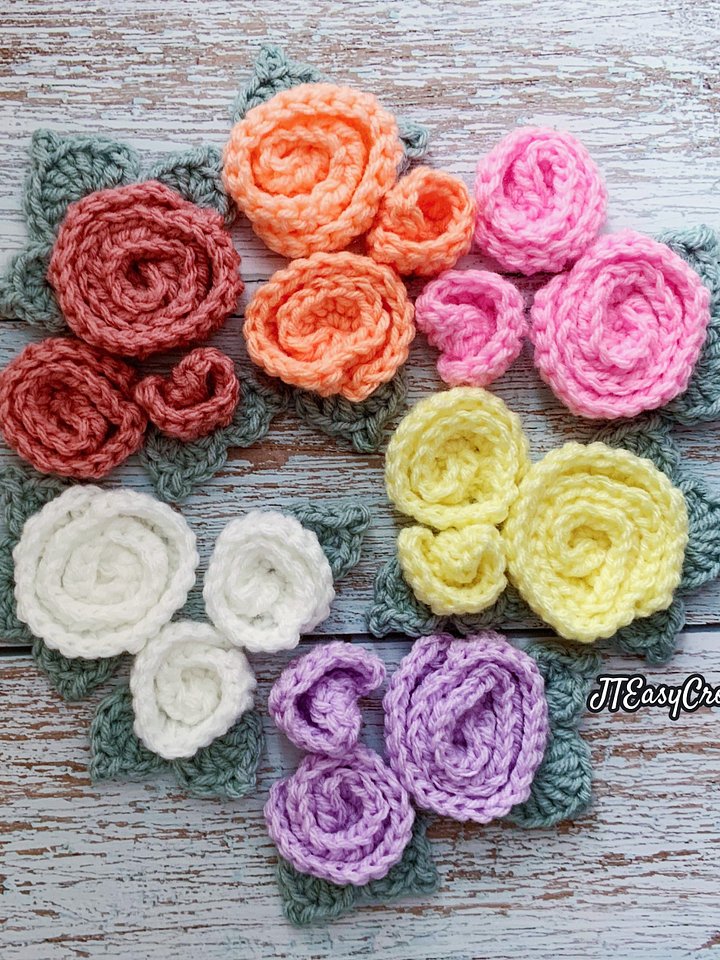 Rose Flower Bouquet Crochet Pattern & Video, Easy Cute Roses Bud and Leaf Applique for Hat, Blanket, Home Decor product image (2)