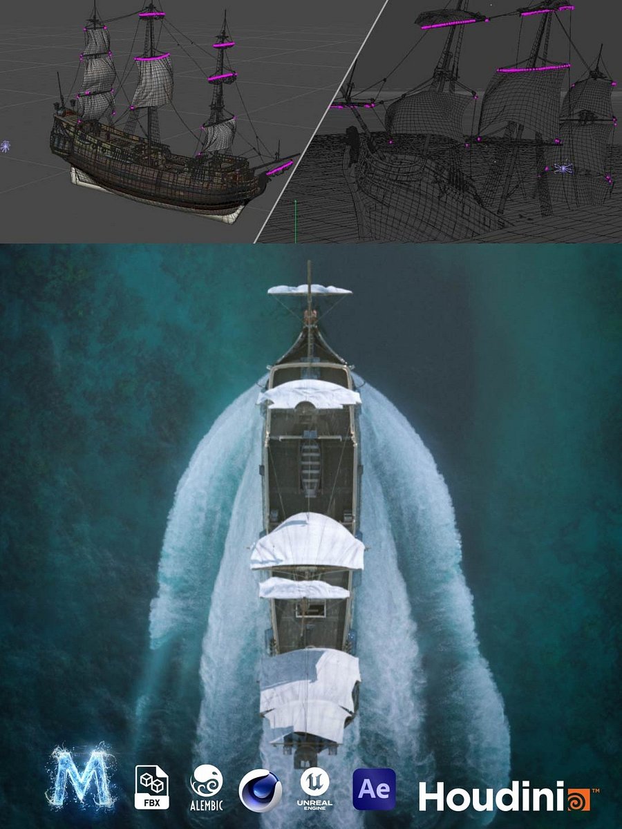 Realistic Pirate Ship Sailing - Sails Rigged & Animated with Wind (C4D, FBX, Alembic) product image (1)