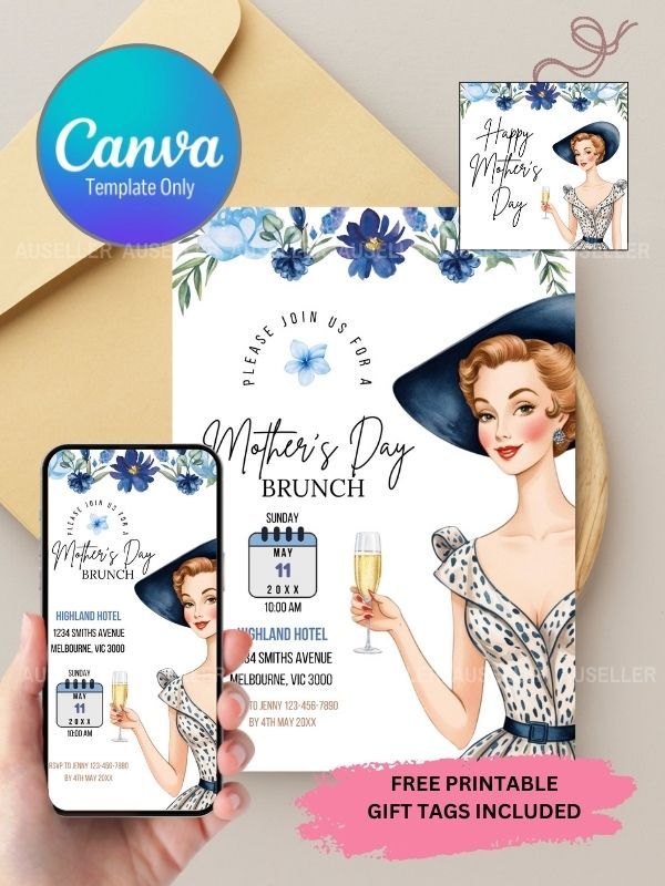 Mother's Day Brunch Invitation Bundle - Lady With Blue Hat product image (1)