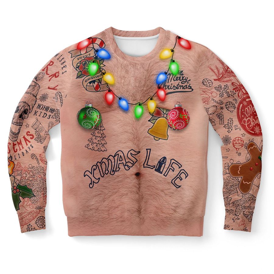 Xmas Life Tattoo Christmas Sweater - Hairy Chest Funny Holiday Sweatshirt - Alternative Santa Skull Design with LED String Lights (Unisex) product image (9)