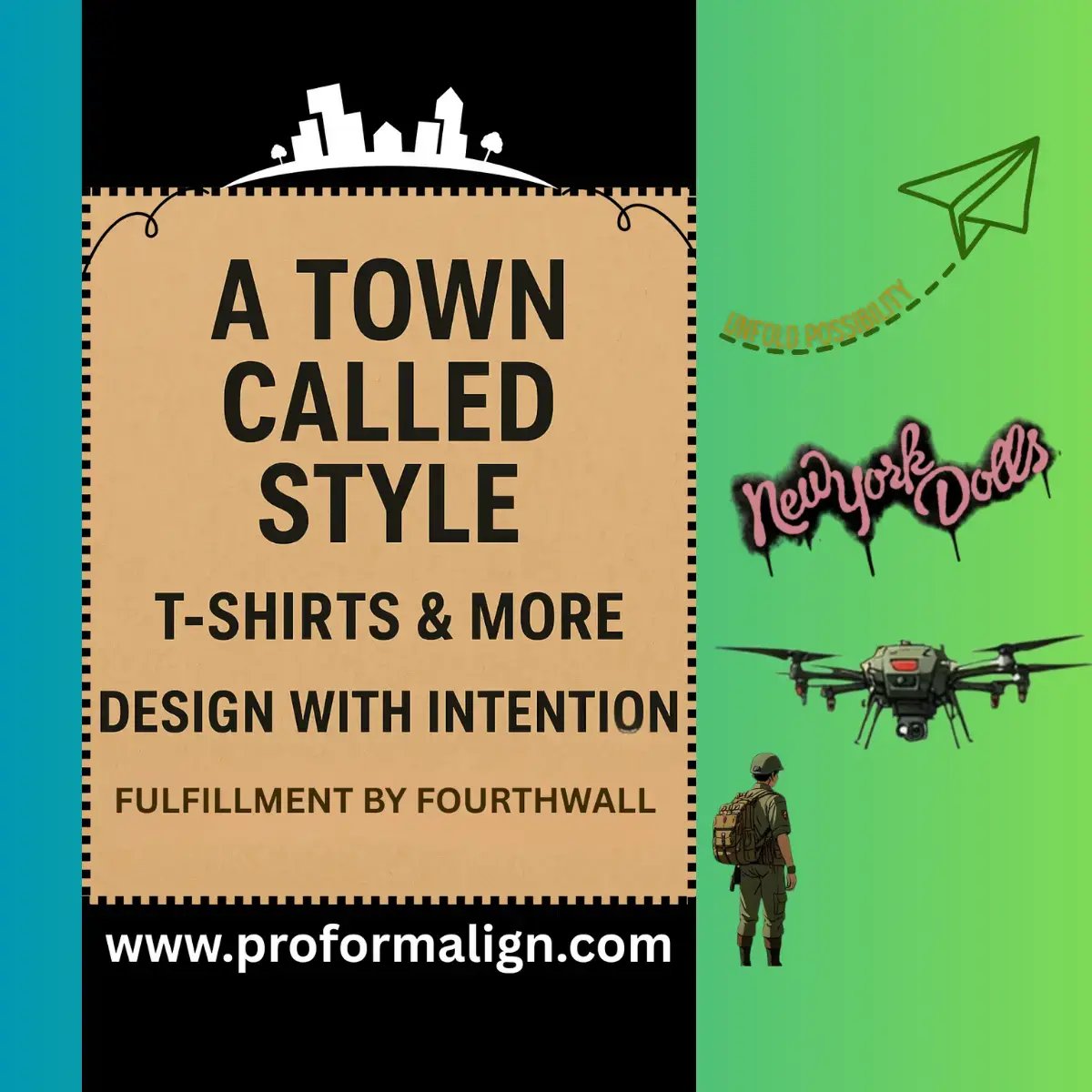 Minimalist apparel brand ad for A Town Called Style, featuring bold typography and green lemons graphic. Promotes fun, intentional fashion with a 30-day guarantee. www.proformalign.com Design with intention. Style with meaning.  #tshirtshop #wearthevibe #minimaliststyle #casualstyle  #newtrends #SummerFashion #modernart #atowncalledstyle 