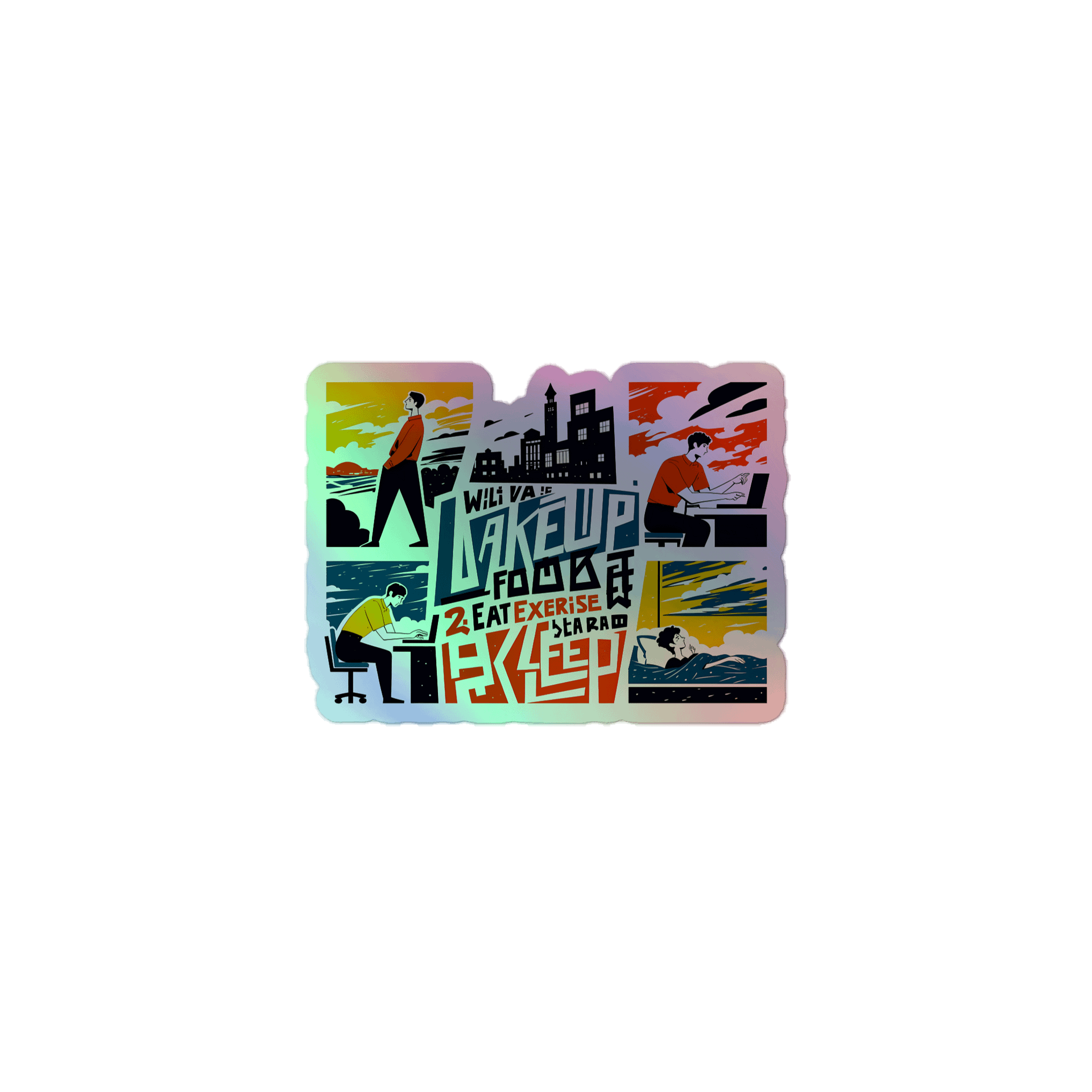 City Life Balance Poster | Wake, Work, Rest Art Holographic Sticker product image (1)