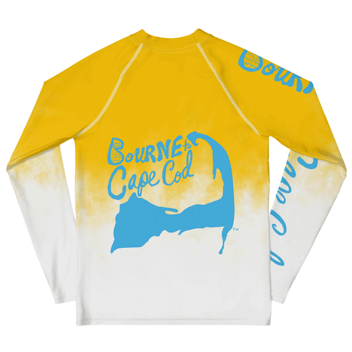 YOUTH | Rash Guard | BRN.2C.C.™ Front Graphic | BOURNE to Cape Cod™ Sleeve & Back Logo | Coastal Swim Shirt for Kids | UV Protection Activewear | Blue Logo | Yellow & White Splash product image (2)