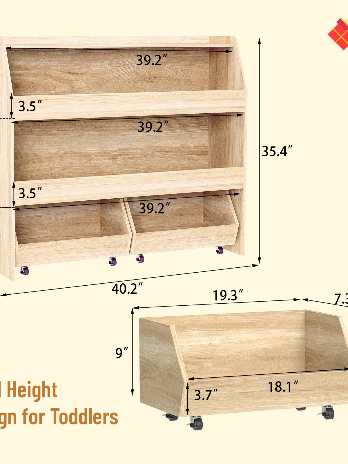 3-Tier Portable Toy Storage, Kids Toy Organizer W/2 Removable Bins with 4 Wheels（Wood) product image (2)