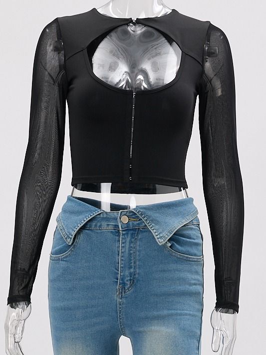 Wholesale high quality sexy slight stretch mesh stitching button hollow out crop top product image (6)
