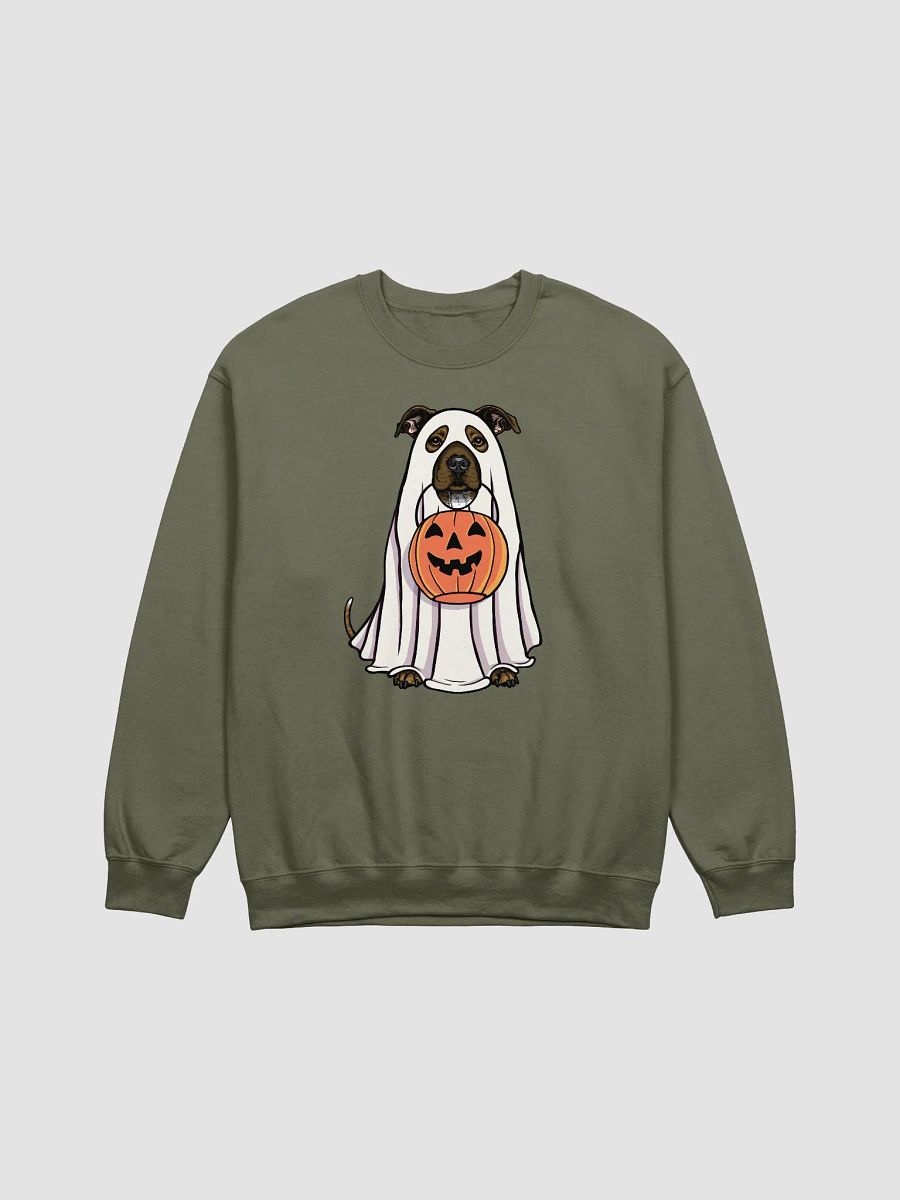 Funny Halloween Staffordshire Terrier(Brindle) Sweatshirt | Funny Staffy Wearing a Ghost Costume and Holding a Pumpkin Basket product image (17)