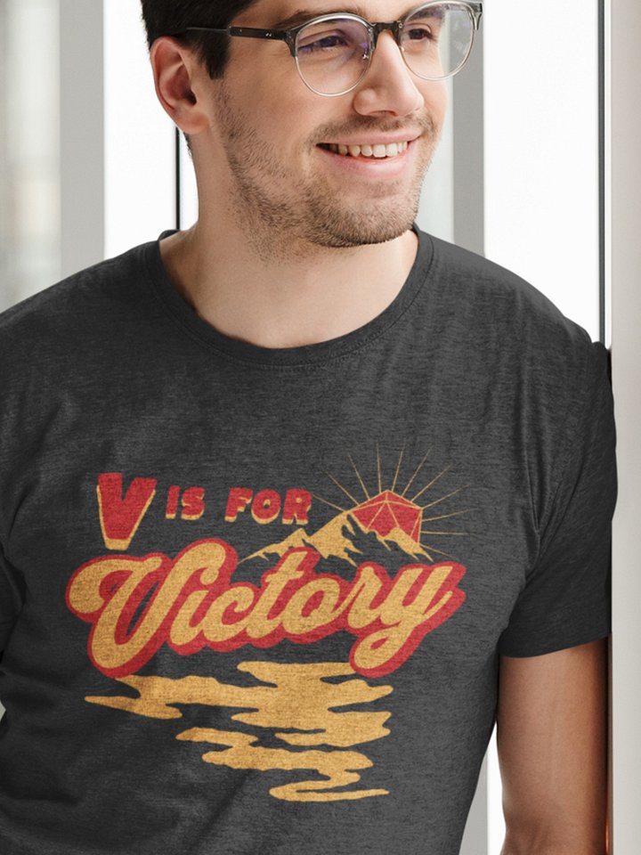 Retro D20 Sunrise Board Game Shirt, V is for Victory T-shirt, on Dark Grey product image (1)